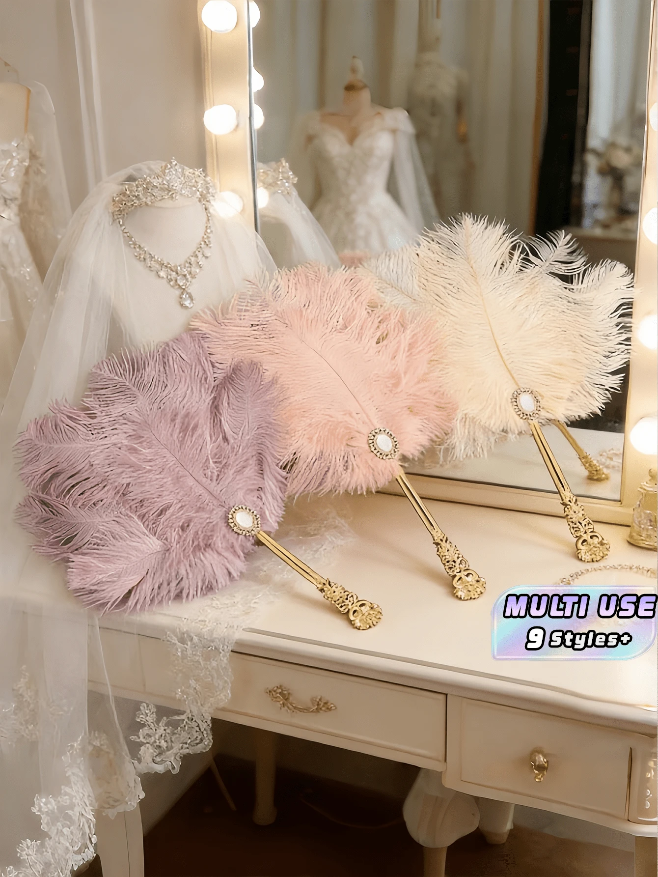 1件裝復古金色手柄水鑽裝飾仿羽毛摺疊手扇，婚禮新娘拍照、Cosplay、萬聖節派對裝扮、畢業舞會伴娘飾品禮物 - 多色 - 查看 1