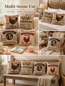 Joivida Vintage Farm Linen Throw Pillow Cover, Single-Sided Printed Without Inner Cushion. It Features Retro Livestock Prints Including Rooster And Cow With Old Farm Text Graphics, Adopting Simple Farmhouse Style. - Multicolor - View 7