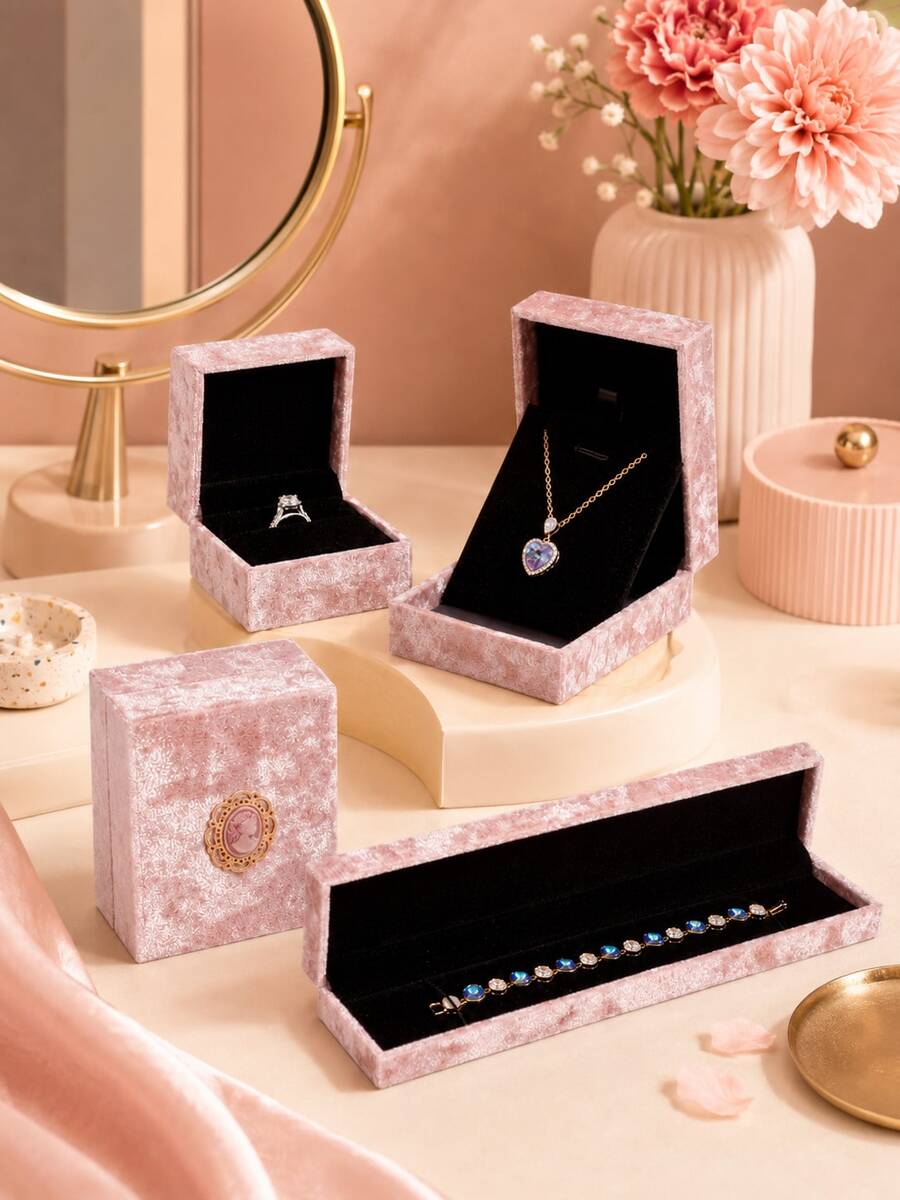 Zazumi 1pc Crushed Velvet Long Necklace Bracelet Gift Box, Soft Black Lining Jewelry Organizer Case, Premium Decorative Jewelry Packaging Box For Valentines Day, Birthday, Engagement, Wedding Gift - multicolor - View 1