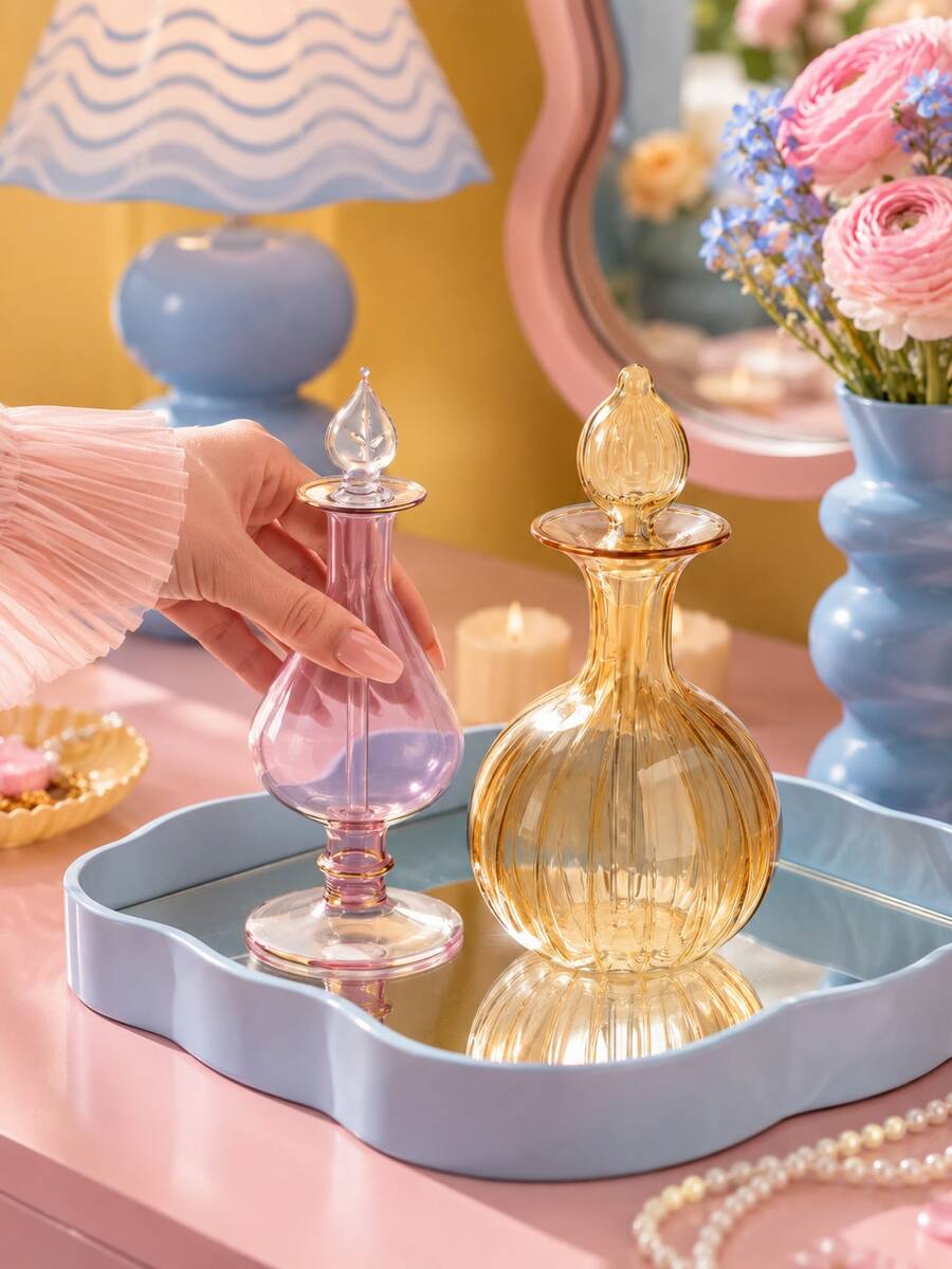 Zazumi 1pc Vintage Hand Blown Striped Glass Perfume Bottle With Dropper Stopper, Refillable Aroma Essential Oil Storage Bottle, Decorative Glass Scent Container For Vanity Table Home Decor, Wedding Souvenir Gift - multicolor - View 1