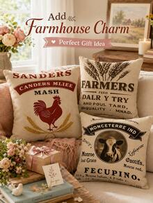 Joivida Vintage Farm Linen Throw Pillow Cover, Single-Sided Printed Without Inner Cushion. It Features Retro Livestock Prints Including Rooster And Cow With Old Farm Text Graphics, Adopting Simple Farmhouse Style. - Multicolor - View 9