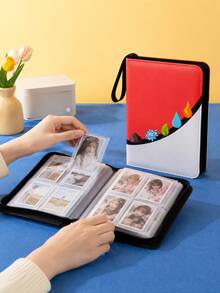 Zazumi 1pc Red White Colorblock Zipper Trading Card Binder, Portable Card Collection Album With Wrist Strap, Game Card Storage Book For TCG Cards, Sports Cards, Collector Organizer & Gift - View 1