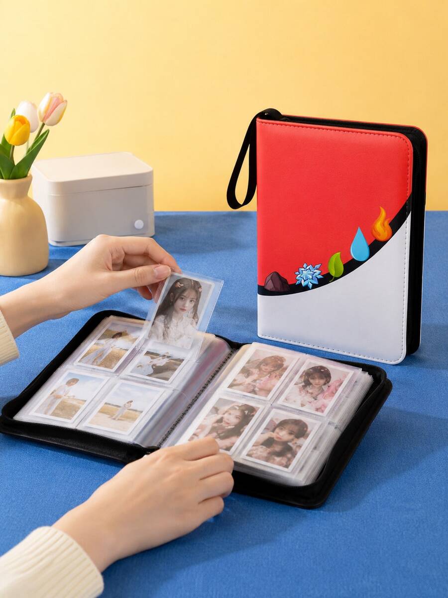 Zazumi 1pc Red White Colorblock Zipper Trading Card Binder, Portable Card Collection Album With Wrist Strap, Game Card Storage Book For TCG Cards, Sports Cards, Collector Organizer & Gift - View 1