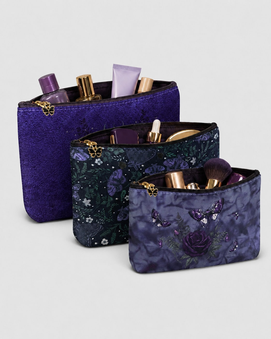 Kawaii Fashion Three-Piece Set Purple Moth Butterfly Rose Plant Moon Pattern Large-Capacity Portable Makeup Storage Bag 1688483