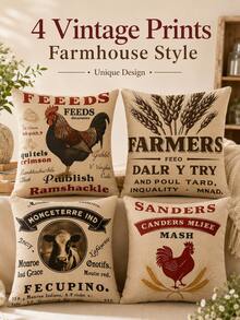 Joivida Vintage Farm Linen Throw Pillow Cover, Single-Sided Printed Without Inner Cushion. It Features Retro Livestock Prints Including Rooster And Cow With Old Farm Text Graphics, Adopting Simple Farmhouse Style. - Multicolor - View 6