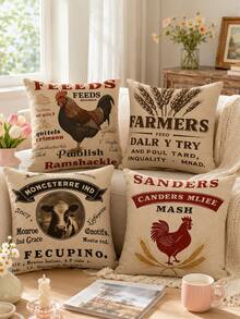 Joivida Vintage Farm Linen Throw Pillow Cover, Single-Sided Printed Without Inner Cushion. It Features Retro Livestock Prints Including Rooster And Cow With Old Farm Text Graphics, Adopting Simple Farmhouse Style. - Multicolor - View 2
