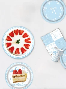 Light Blue Bowknot Birthday Party Decorations Set, Disposable Tableware Kit With Tablecloth Banner Paper Plates Napkins Paper Cups Party Supplies - Multicolor - View 2