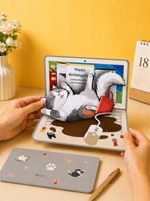 Joivida 1 بطاقة تهنئة من الورق المقوى الأبيض، بطاقة تهنئة عيد ميلاد ثلاثية الأبعاد بتصميم كمبيوتر تقني بزاوية 90 درجة، بطاقة تهنئة بنمط القطط، مناسبة كهدية عيد ميلاد - متعدد الألوان - مشاهدة 2
