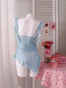 PetitDoll 2pcs/Set Sheer Mesh Ruffle Asymmetrical Hem Mini Skirt - Blue - View 7