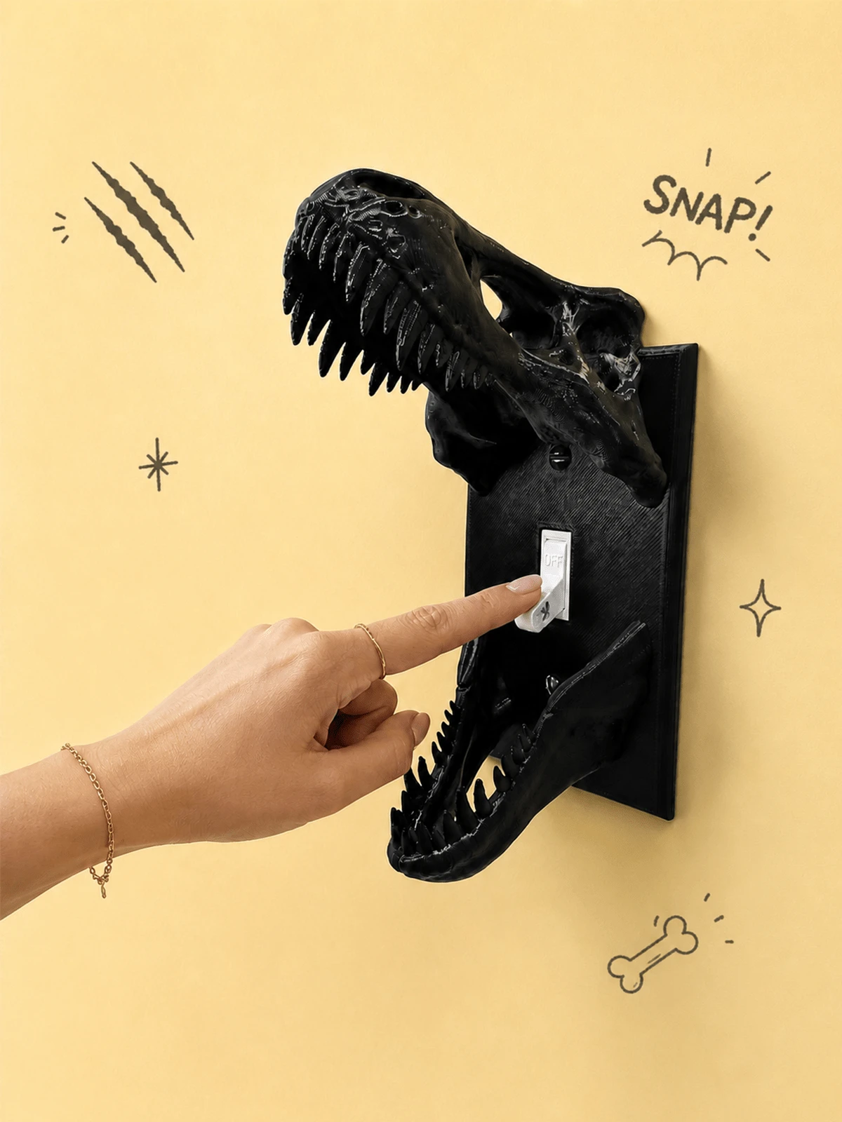 superFUNNYmarket Printed T-Rex Skull Light Switch Cover Made,Available In Black And White. Designed With A Realistic Dinosaur Skull Shape With Open Jaws To Frame Standard Wall Switches, It Comes With Matching Mounting Screws. It Comes With Matching Mounting Screws. - Multicolor - View 1