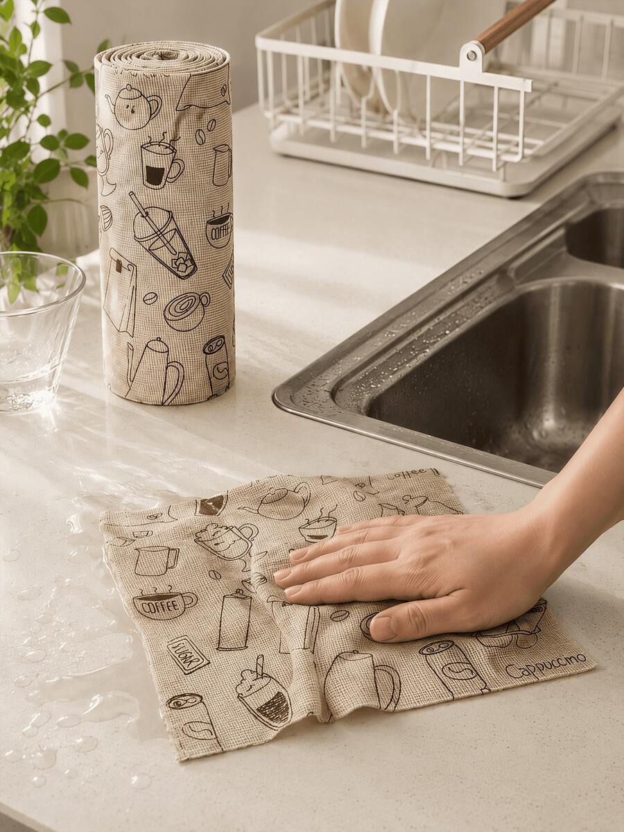 Zazumi 1pc Coffee-Themed Disposable Cleaning Sheet Set For Minimalist Home Kitchen Featuring Captivating Visual Delight And Tactile Sensory Comfort For Urban Career Women - Multicolor - View 1