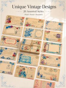 Zazumi 20pcs/5pcs Vintage Floral Postcards, Retro Letter Paper Cards With Rose & Antique Script Prints, Decorative Cardstock For Scrapbooking, Journaling, Collage, Gift Notes, Invitations, DIY Crafts, Party Decor & Nostalgic Collection - multicolor - View 9