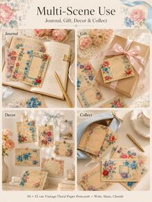 Zazumi 20pcs/5pcs Vintage Floral Postcards, Retro Letter Paper Cards With Rose & Antique Script Prints, Decorative Cardstock For Scrapbooking, Journaling, Collage, Gift Notes, Invitations, DIY Crafts, Party Decor & Nostalgic Collection - multicolor - View 8