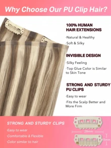 Seamless Clip Ins 100%真人发，7片装无缝PU夹式真人发接发，直发，14-22英寸，浅棕色挑染中金色，肤色，Remy发接发，110克，带夹子 - S8/60 - 查看 6