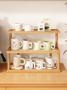 1PC 3 Tier Bamboo Kitchen Organizer Rack Multifunctional Cup Mug Utensil Bottle Holder Shelf Countertop Storage Stand Drip Tray Breathable Moisture Proof 2 Styles For Dining Room Coffee Bar Desk Living Room Storage Shelf - Multicolor - View 6