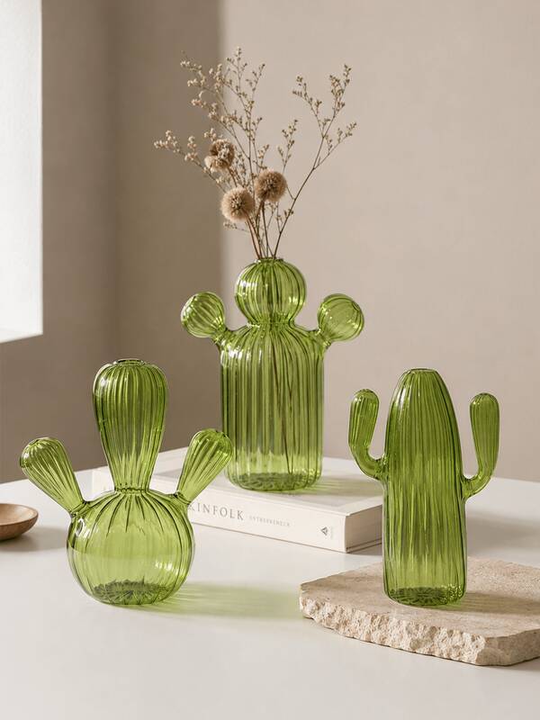 Cirelle 1Pc Cactus Shaped Glass Vase, Striped Vase, Tabletop Ornament, Home Decor, Fresh Ins Style, Glass Decoration, Suitable For Balcony/Living Room/Bedroom/Dining Room
