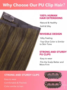 Seamless Clip Ins 7PCS Seamless PU Clip In Human Hair Extensions 100% Real Human Hair 14-22 Inch Balayage Ombre Blonde Color Skin Weft Remy Hair Extensions 110G With Clip - S1/2/5 - View 5
