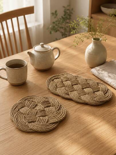 Cirelle 1pc Woven Jute Heat-Insulation Mat For Cozy Kitchen Designed With Delightful Curated Outlines To Young Females