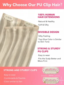 Seamless Clip Ins 7PCS Seamless PU Clip In Human Hair Extensions 100% Real Human Hair 14-22 Inch Balayage Ombre Blonde Color Skin Weft Remy Hair Extensions 110G With Clip - S17A/60A - View 4