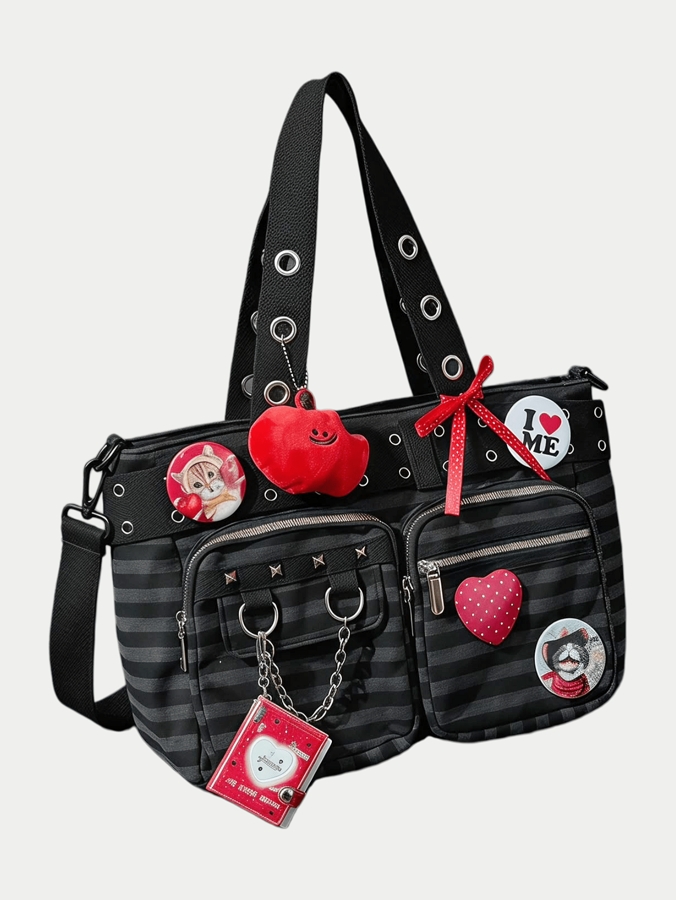Grunge Punk Borsa tote a righe stampate stile college, grande capacità, con tasche multiple, ciondolo nastro e copricarta con spilla gatto, adatta per pendolarismo quotidiano, campus e appuntamenti