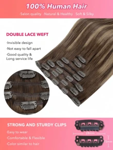 7 PIEZAS Extensiones de cabello con clip recto 100% cabello humano real de 14-24 pulgadas 115G Doble trama Extensiones de cabello con clip invisibles Cabello humano Remy natural para uso diario de mujeres y niñas - T4/27/4 - Ver 4