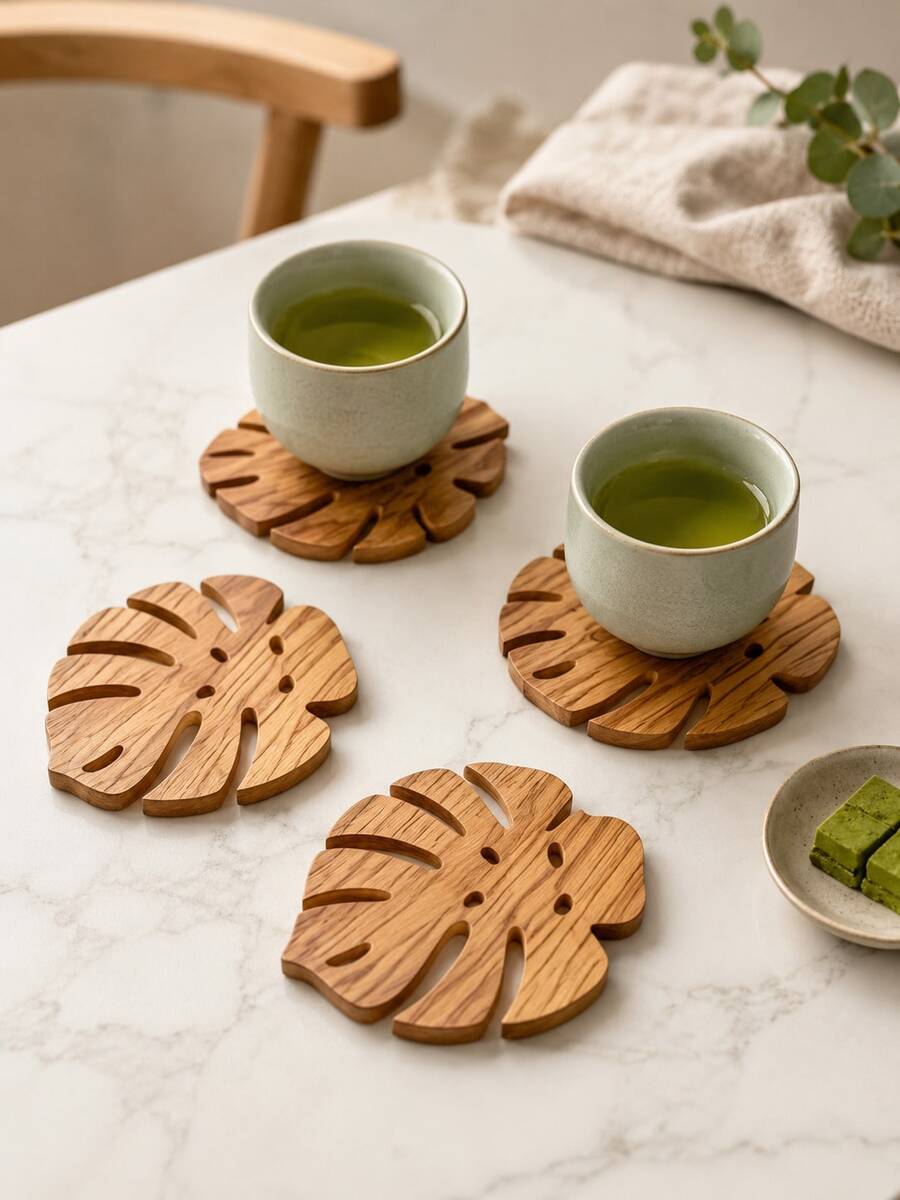 Haus Hana 3/4pcs Wooden Monstera Leaf Coaster Set, Green Or Brown Tropical Cup Mats, Rustic Botanical Drink Coasters For Coffee, Tea, Dining Table, Kitchen, Cafe, Home Decor And Housewarming Gift - Multicolor - View 1