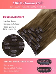7PCS Straight Clip In Hair Extensions 100% Real Human Hair 14-24 Inch 115G Double Weft Invisible Clip Hair Extensions Remy Natural Human Hair For Women Girls Daily Use Halloween Costumes - S3/8/613 - View 4