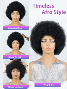 Afro Kinky 捲曲真人髮假髮 無膠安裝附瀏海 自然黑色 女款(男款) 捲波浪皮克西短髮假髮 真人髮 無蕾絲前緣 穿戴即走 初學者友善 9AM Hair 70s 80s Cosplay Y2K Ss26 - Natural Black - 查看 4