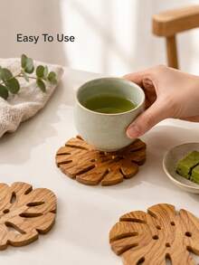 Haus Hana 3/4pcs Wooden Monstera Leaf Coaster Set, Green Or Brown Tropical Cup Mats, Rustic Botanical Drink Coasters For Coffee, Tea, Dining Table, Kitchen, Cafe, Home Decor And Housewarming Gift - Multicolor - View 6