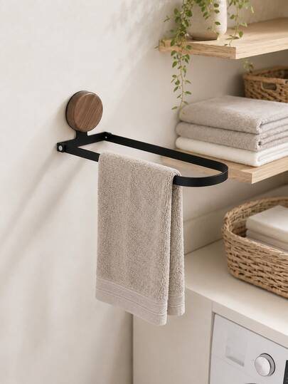 Cirelle No Drill Suction Cup Towel Bar Natural Walnut Round Base Matte Black Metal Hand Towel Rack Rustproof Wall Mount Towel Holder Minimalist Bathroom Kitchen Towel Storage Organizer