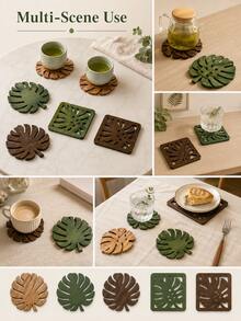 Haus Hana 3/4pcs Wooden Monstera Leaf Coaster Set, Green Or Brown Tropical Cup Mats, Rustic Botanical Drink Coasters For Coffee, Tea, Dining Table, Kitchen, Cafe, Home Decor And Housewarming Gift - Multicolor - View 4