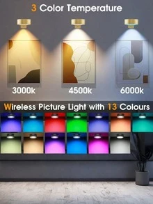 1/3/6个RGB LED无线金属壁灯，电池供电，可用作壁灯、串灯、台灯、LED灯、夜灯、阅读灯等。适用于房间装饰，色温可调，适用于相框、肖像、楼梯、走廊、卧室、室内、客厅、派对、生日、家居、房间等各种场合，配有150mAh遥控器。 - 十三色光-RGB - 查看 4