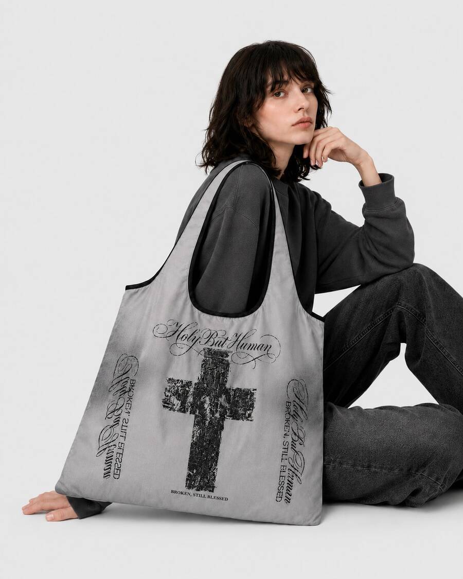 ROMWE Goth Dark Punk Style Large-Capacity Foldable Waterproof Shopping Bag, Suitable For Outdoor, Shopping, Fitness, Dark Women's Bags - 02 - View 1