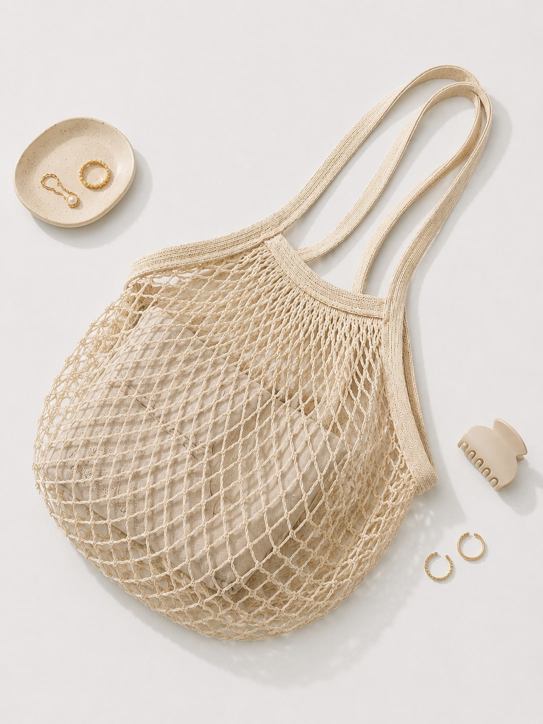 Fairycore Bolso de malla beige estilo boho reutilizable para playa y compras, bolso de hombro