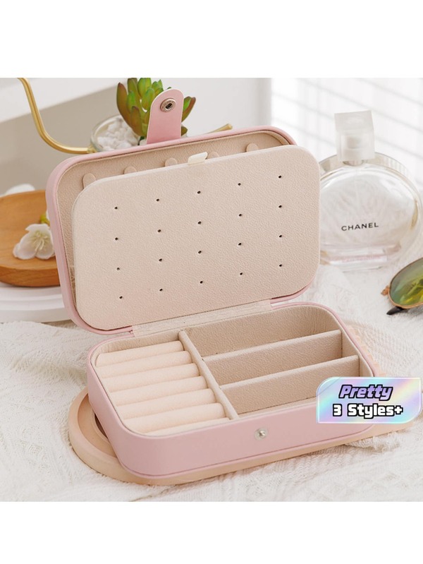 1PC Rectangle PU Leather Jewelry Box Organizer Small Travel Portable Earring Ring Jewellery Storage Case For Girl Women Wedding Birthday Gift, Gift Back To School