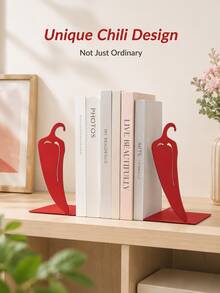 Joivida 2Pcs Bright Red Chili Cutout Hollow Metal Bookends, L Type Anti-Slip Heavy Duty Iron Book Stoppers, Creative Decorative Book Clips For Desktop, Bookshelf, Kitchen Cookbooks, Multi-Scene Household Office Countertop Book Storage Organizer Accessories - multicolor - View 7