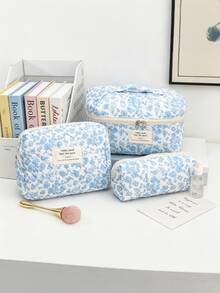 1 Piece Bow Large Capacity Portable Cosmetic Bag Simple Style Multifunctional Cosmetic Bag Cosmetic Storage Bag Travel Cosmetic Bag Beauty Makeup Tools Storage Bag Cosmetic Bag Women's Gift Travel Essentials - Blue - View 2