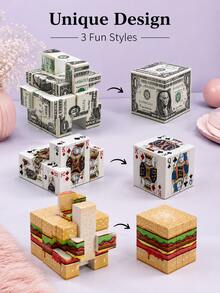 Joivida 1Pc Poker/Burger/Dollar Print 3x3 Puzzle Cube, UV-Printed Mirror-Style Irregular Cube, Creative Hamburger-Shaped Desktop Ornament For Office, Travel, Party, Birthday & Novelty Gift - Multicolor - View 7