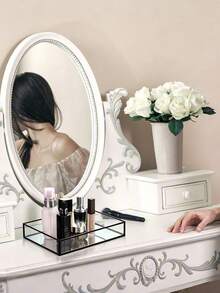 Black Octagon Mirror Glass Makeup Vanity Tray For Hotel Bathroom Bedroom, Retro Hex Embossed Glass Coasters With Golden Brass Edging, Anti-Slip Dining Table Trinket Pads. - black - View 5