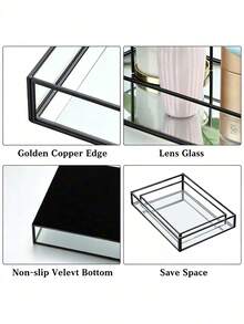 Black Octagon Mirror Glass Makeup Vanity Tray For Hotel Bathroom Bedroom, Retro Hex Embossed Glass Coasters With Golden Brass Edging, Anti-Slip Dining Table Trinket Pads. - black - View 7