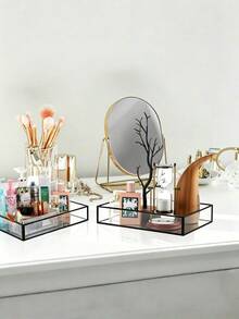 Black Octagon Mirror Glass Makeup Vanity Tray For Hotel Bathroom Bedroom, Retro Hex Embossed Glass Coasters With Golden Brass Edging, Anti-Slip Dining Table Trinket Pads. - black - View 2