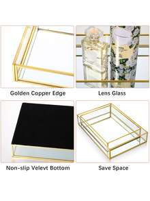 Luxury Gold Octagon Mirror Glass Vanity Tray For Cosmetic Perfume Storage, Retro Hex Embossed Glass Coasters With Golden Brass Edging, Anti-Slip Dining Table Trinket Mats. - gold - View 10