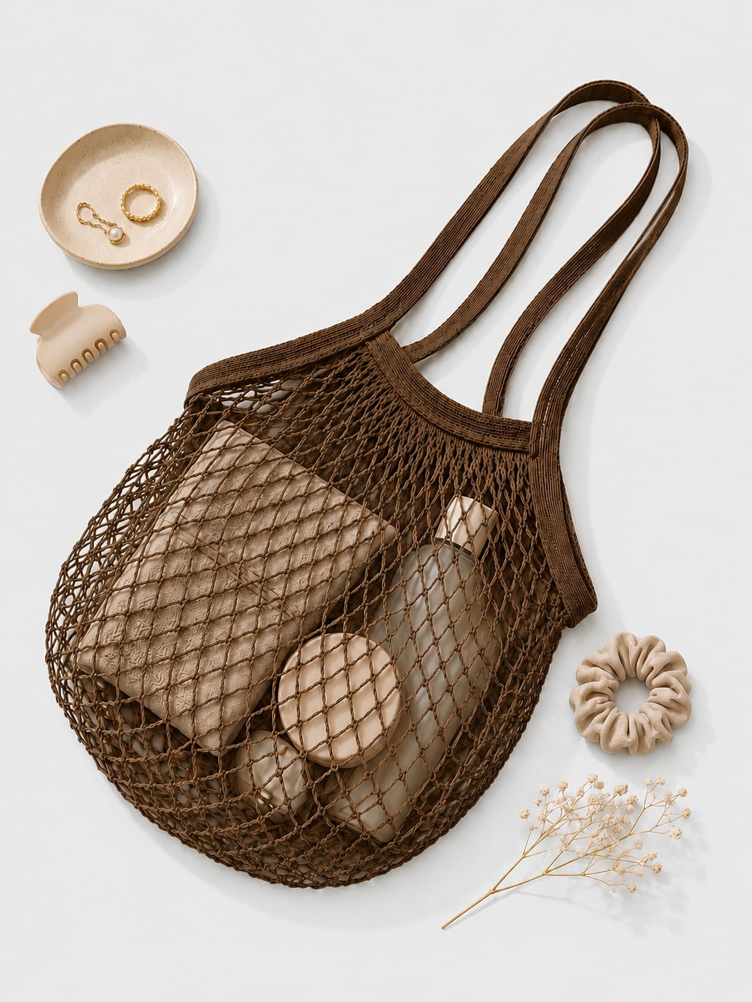 Fairycore Boho Beige Mesh Tragetasche Wiederverwendbar Strand Einkauf Schultertasche