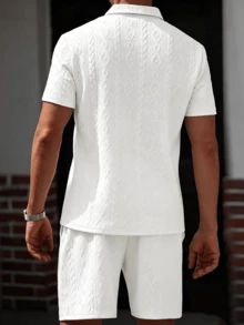 Manfinity CasualCool 男士純色短袖 Polo 衫與短褲休閒日常套裝 - 白色 - 查看 2