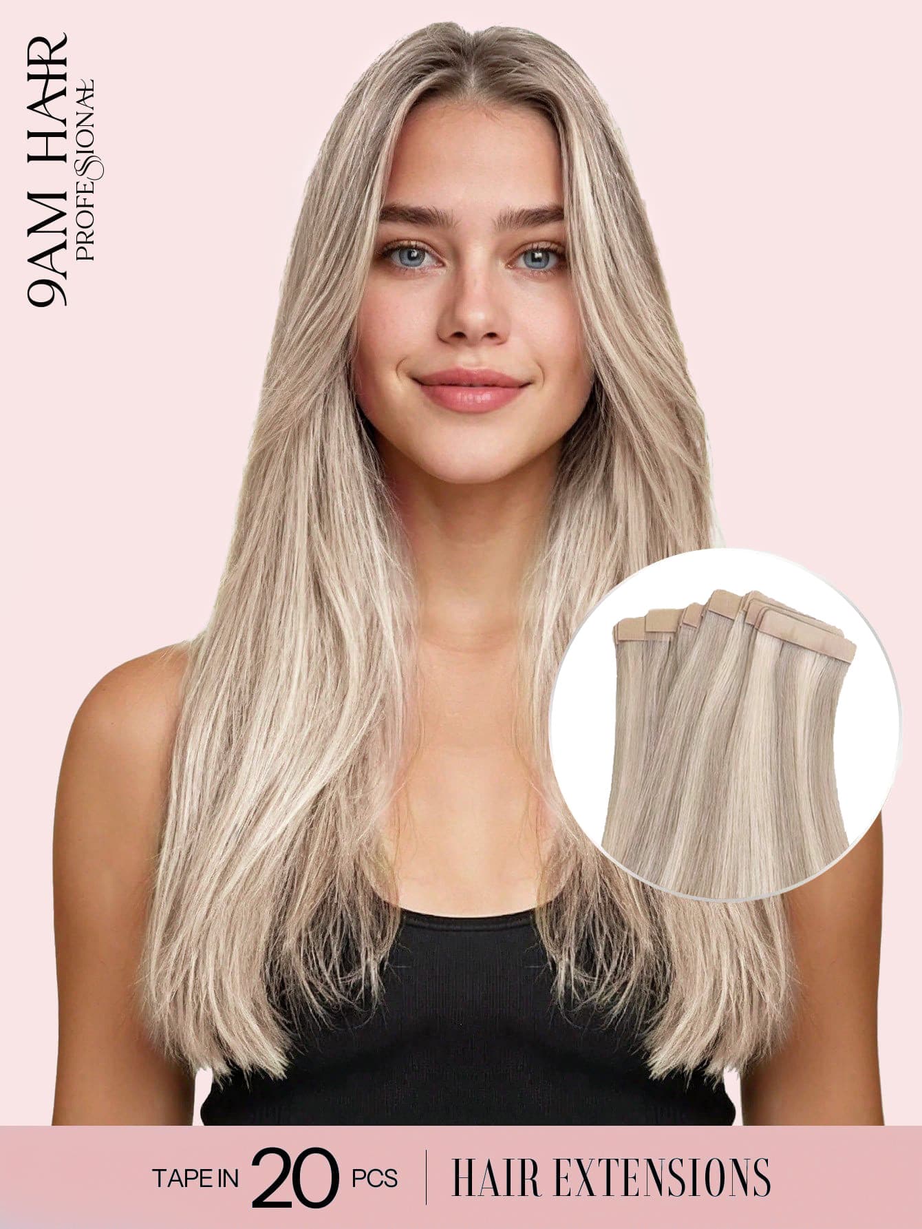 9AM Hair 20 件直发胶带 100% 真人发片接发 14-24 英寸 50 克/包 适用于沙龙 天然高品质真人发丝滑无缝隐形 PU 胶带接发