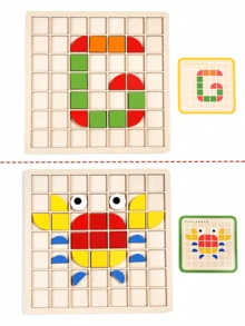 MINKOJA Wooden Mosaic Pattern Block Puzzle Set, 120 Pcs Color Geometric Shapes With Grid Board & Double Sided Flash Cards, Kids Shape Color Recognition Logical Thinking Fine Motor Educational Toy For Toddlers 3+ - Multicolor - View 7