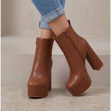 Black Platform Ankle Boots With Wide Heel, Spring And Zipper - Camel - View 3