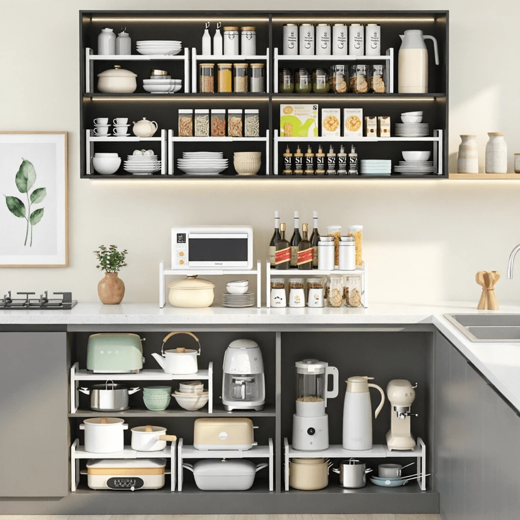 Estantería de almacenamiento de cocina, gabinete extensible con almacenamiento multinivel, encimera multifuncional, estante organizador de almacenamiento de recipientes de salsa.