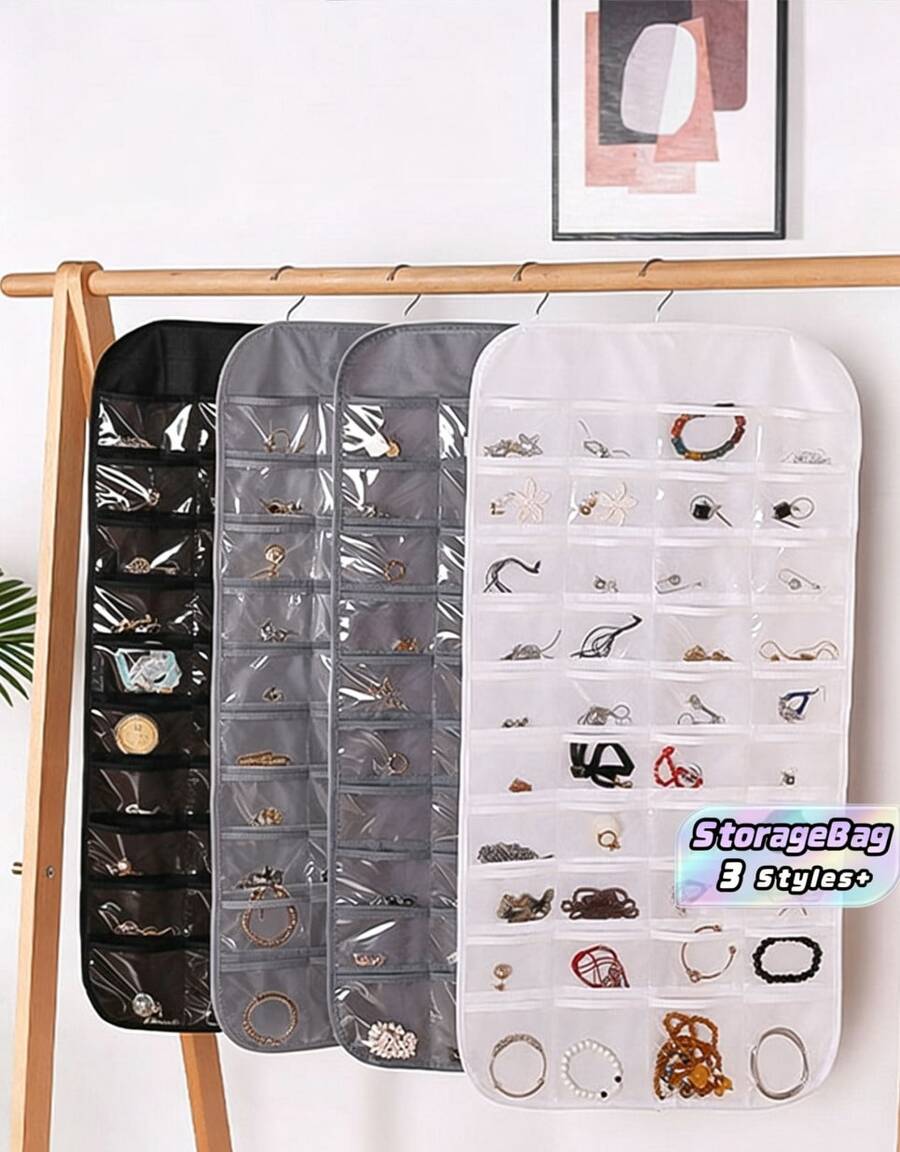 Tas Penyimpanan Perhiasan Gantung Dua Sisi Besar dengan 80 Kantong, Bahan Non-Woven, Dapat Dilipat, untuk Cincin, Kalung, dan Gelang, Cocok untuk Kembali ke Sekolah. - MultiWarna - View 1