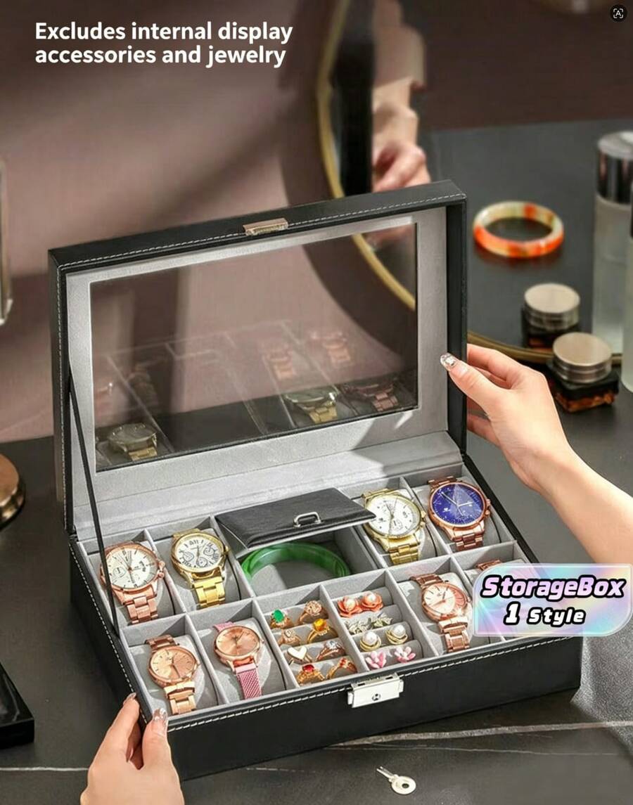 1pc Multifunctional Desktop Watch Storage Box For Men Women Mechanical Watch Organizer,Black Watch Case,Waterproof,Suitable For Collecting And Displaying Watches,Rings,Earrings,Necklaces,Bracelets And Other Jewelry Back To School,Room Decor